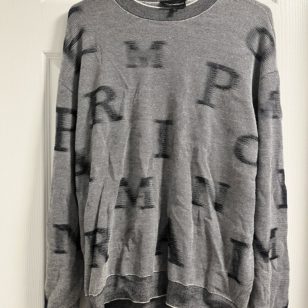 Emporio Armani Men’s Pullover Sweater Gray Black All Over Letters Size L